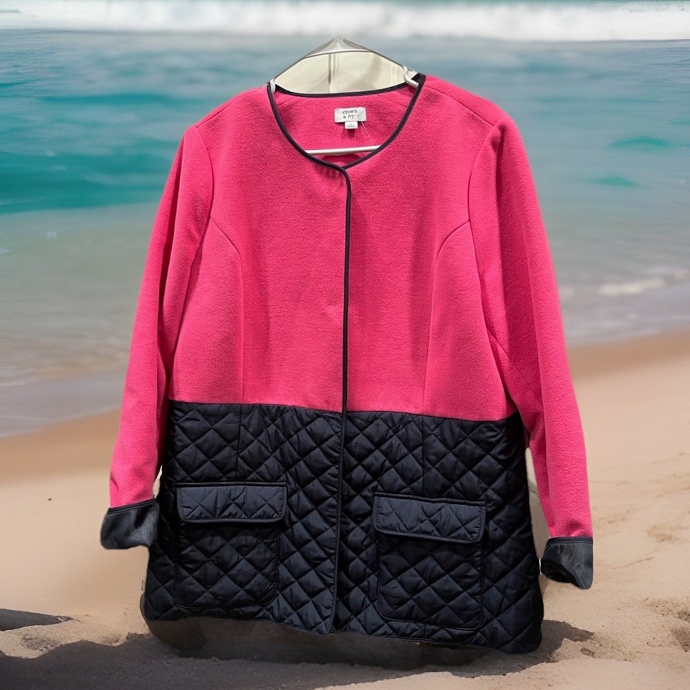 y2k CROWN & IVY Pink Quilted Jacket Coat Top Women M Colorblock Snap Pockets